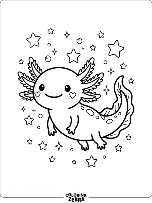 An adorable axolotl with heart cheeks and stars