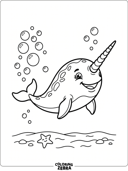 A smiling narwhal with bubbles and a starfish