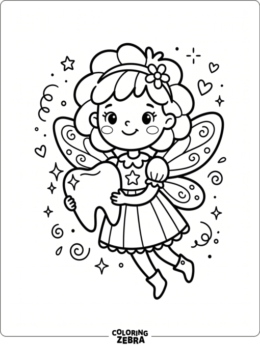 An adorable fairy holding a tooth with big eyes