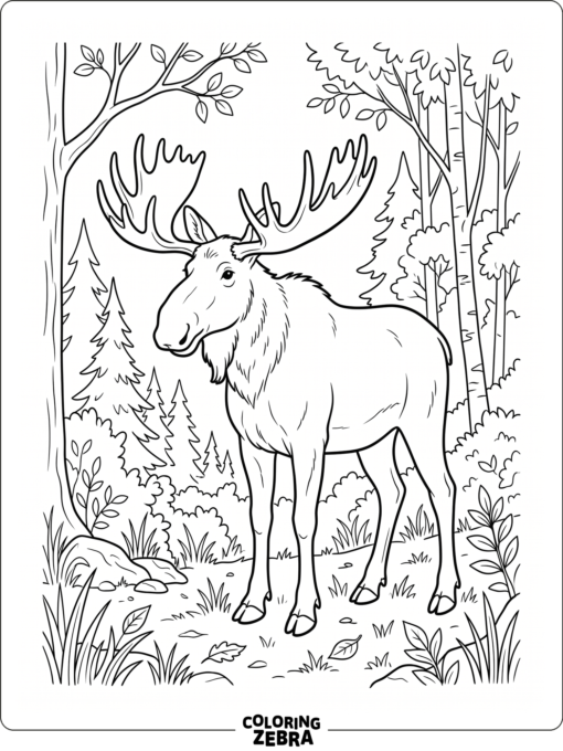A moose with tall antlers in a woodland clearing
