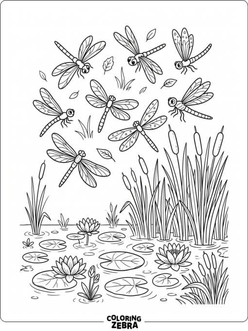 Several dragonflies flying over reeds and water plants