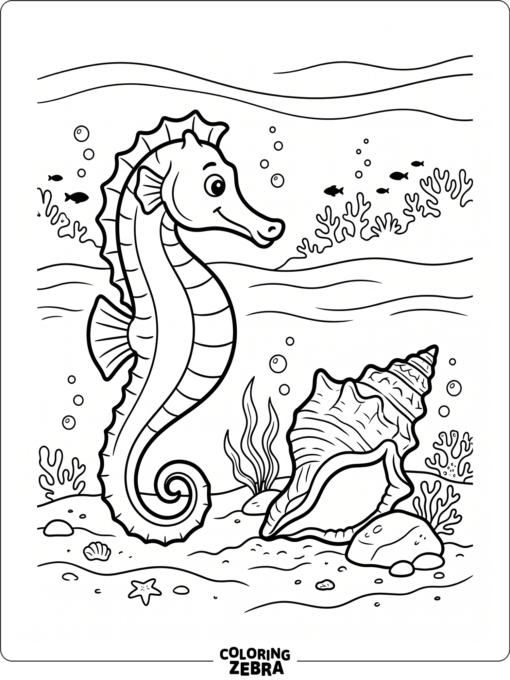 A seahorse beside a seashell in open water