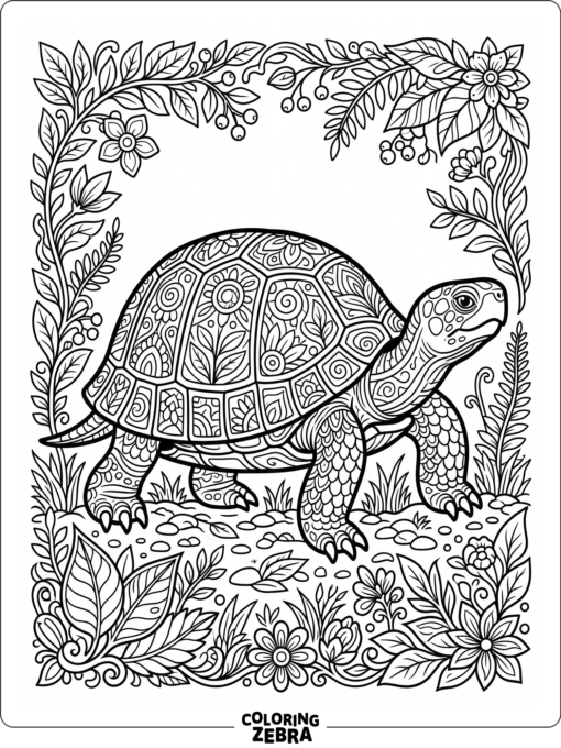 An adult turtle with ornate shell patterns and leafy borders