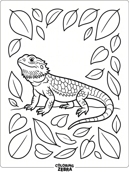 A bearded dragon with decorative leaf shapes around it