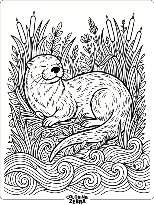 An otter resting among reeds with wave patterns
