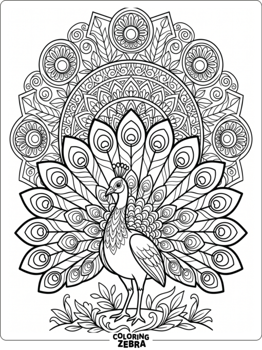 A peacock with mandala circles behind its tail