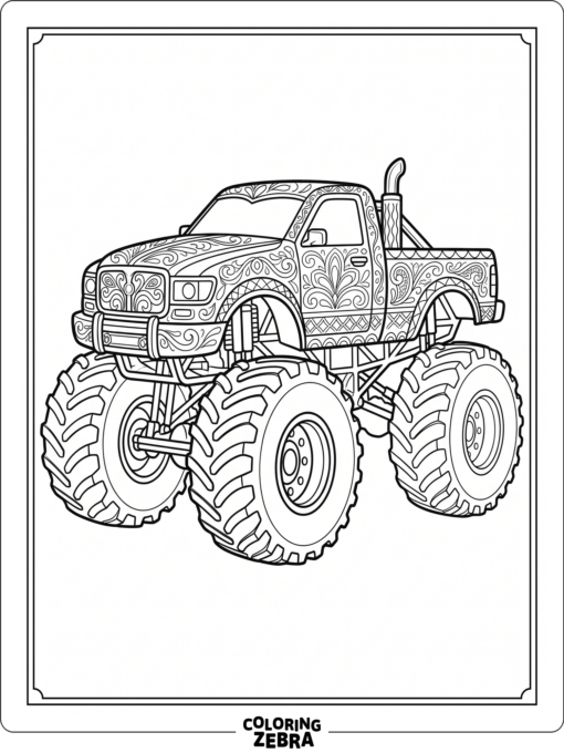An ornate monster truck with patterned panels