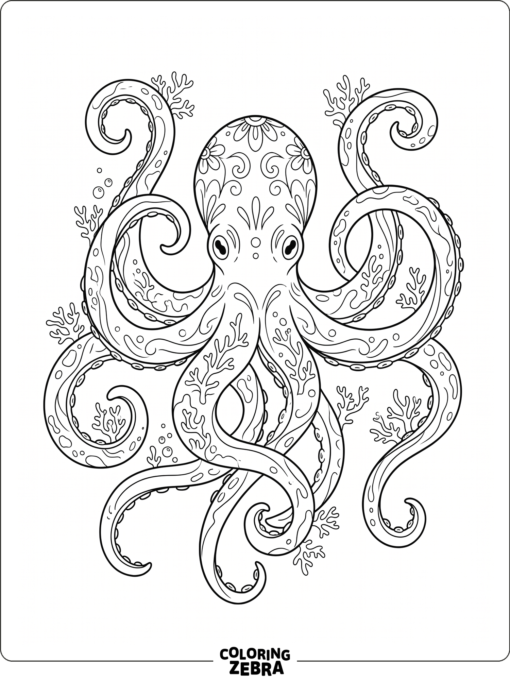 An ornate octopus with flowing tentacles and coral details