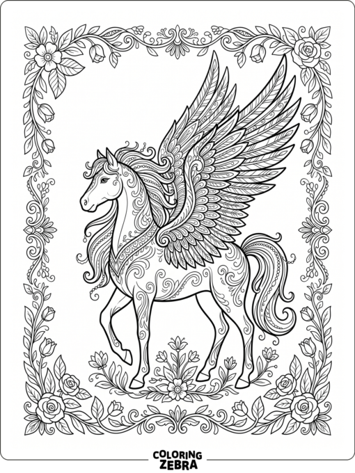 An ornamental winged horse with layered wings
