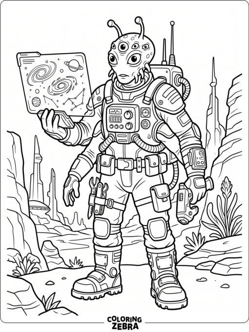 An alien explorer with boots and a space map
