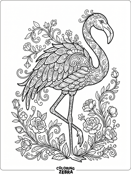 An ornate flamingo with flowers and curving vines