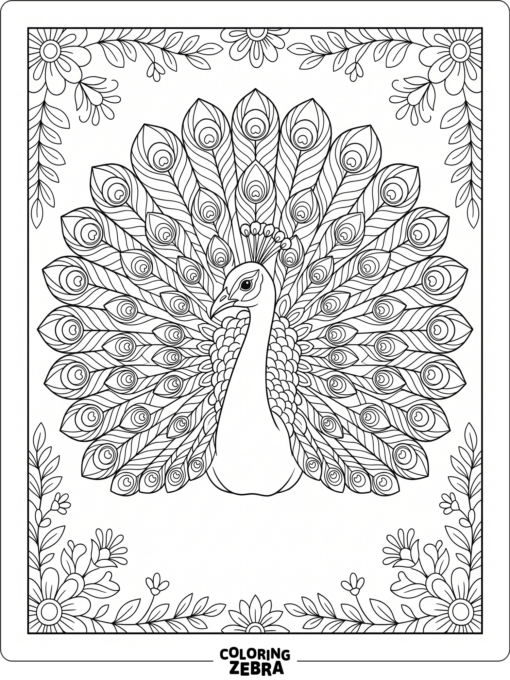 A detailed peacock with a wide fan of tail feathers and flowers