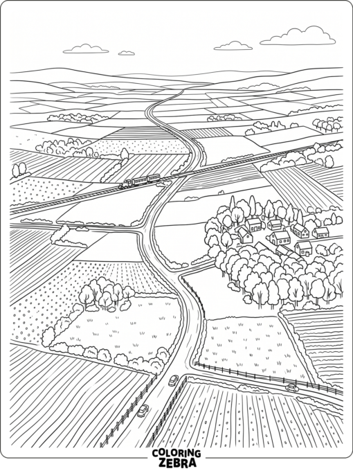 An overhead view of fields, roads, and trees