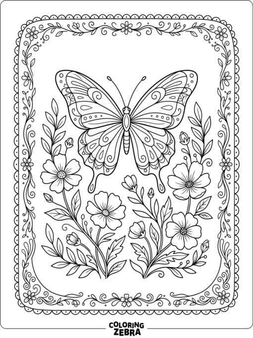 A butterfly with flowers and a decorative frame