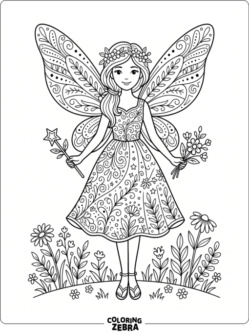 A stylish fairy with patterned dress and flowers