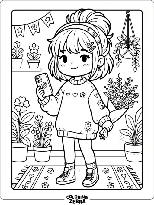 Aesthetic Gacha Life character with flowers and a phone
