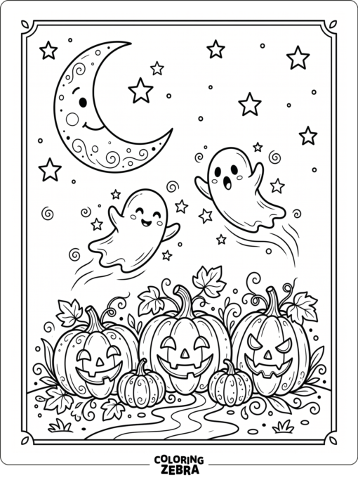 A calm Halloween scene with ghosts, pumpkins, moon, and stars