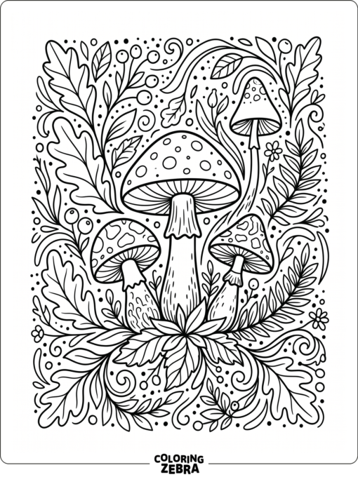 Mushrooms with dots, leaves, and smooth decorative curves