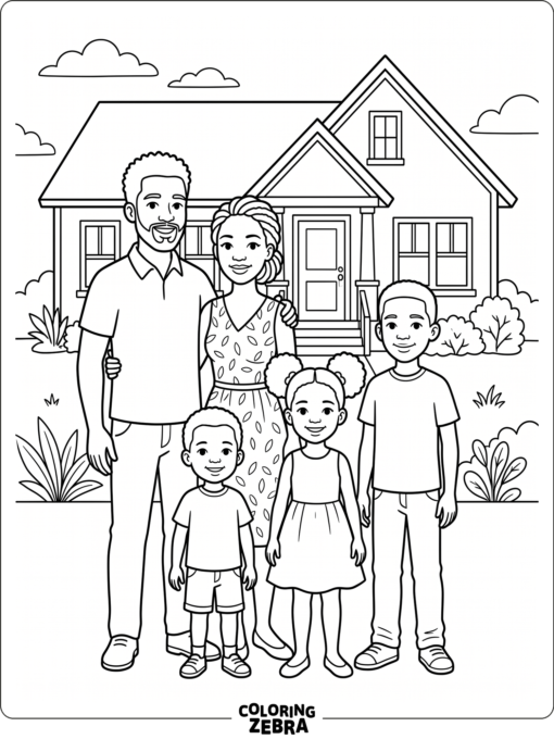 African American family standing outside a home