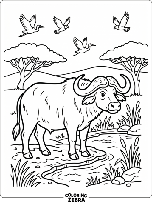 An African buffalo standing near a waterhole with birds overhead