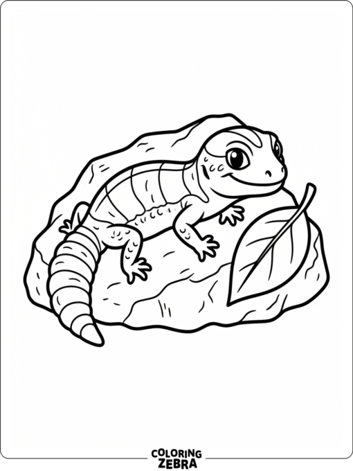 An African fat tail gecko sits on a rock beside a leaf