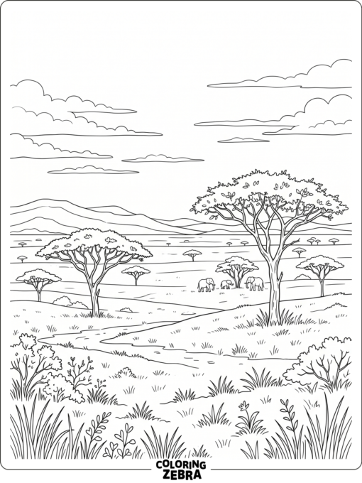 African plains with acacia trees and rolling hills