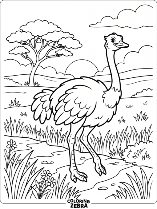 An African ostrich in savanna grass near a distant tree