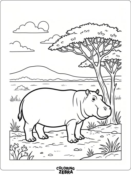A hippo near acacia trees in an African savanna