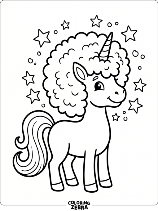 A unicorn with an afro hairstyle and stars