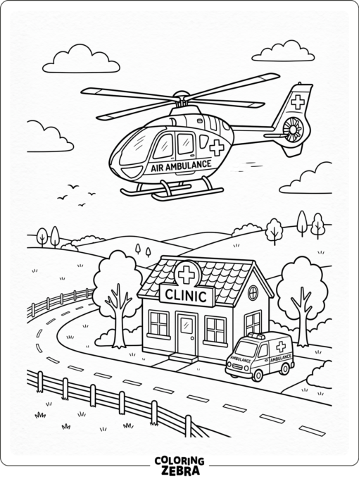 Air ambulance helicopter flying above a clinic