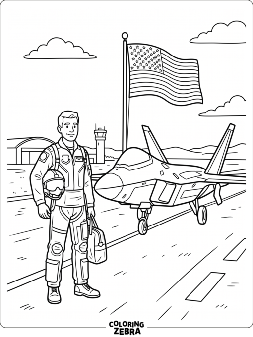 An Air Force pilot standing by a jet and flag