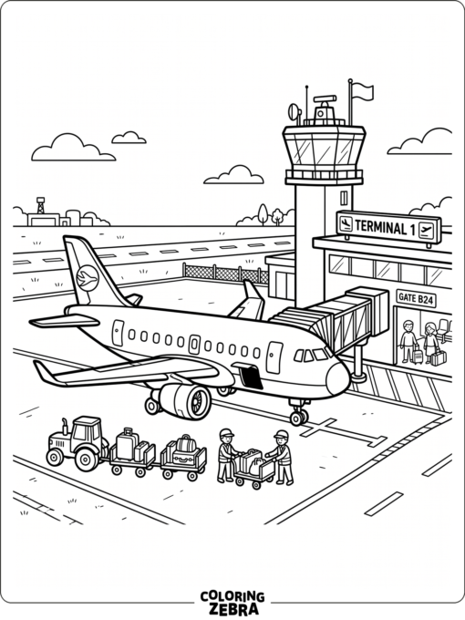 An airplane at the airport near a terminal and tower
