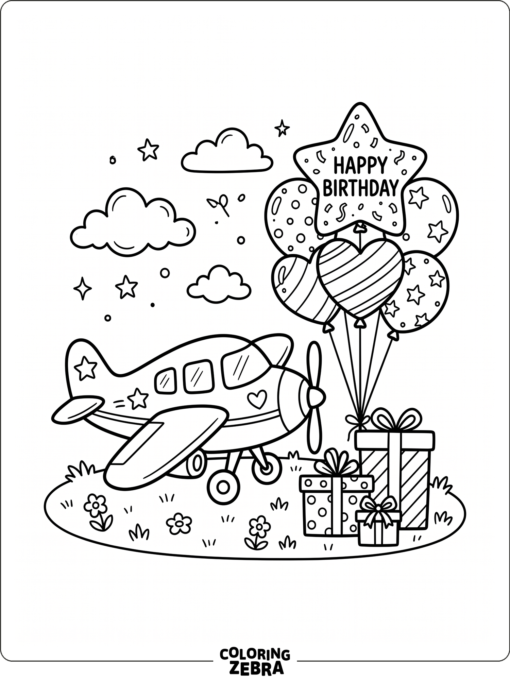 An airplane with balloons and birthday gifts