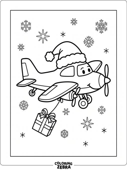 An airplane wearing a Santa hat with a gift