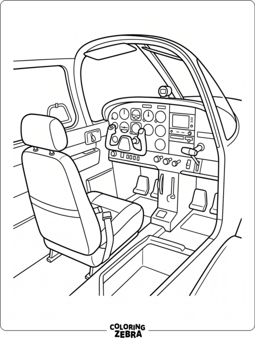 An airplane cockpit with controls and a seat