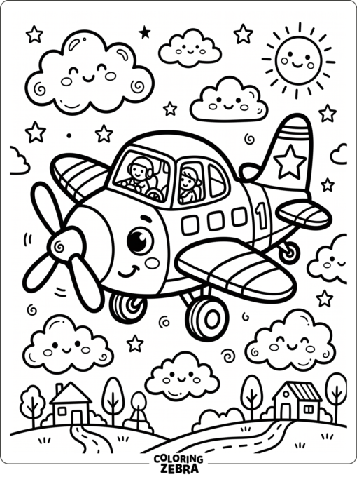 Chunky airplane with friendly clouds