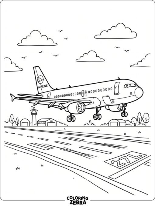 Landing airplane over a quiet airport