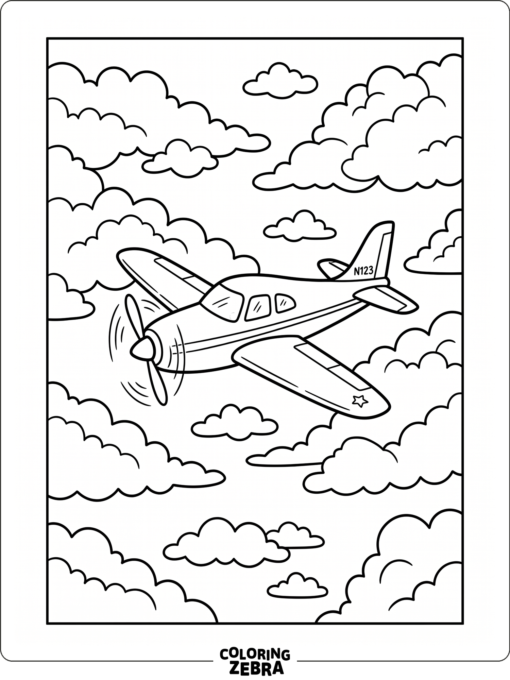 An airplane flying above fluffy clouds