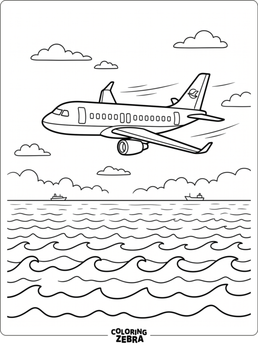 An airplane flying over ocean waves and the horizon