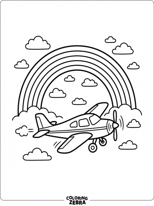 An airplane under a rainbow with small clouds