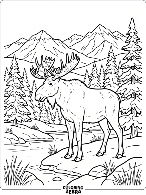 A moose standing near snowy trees and mountains