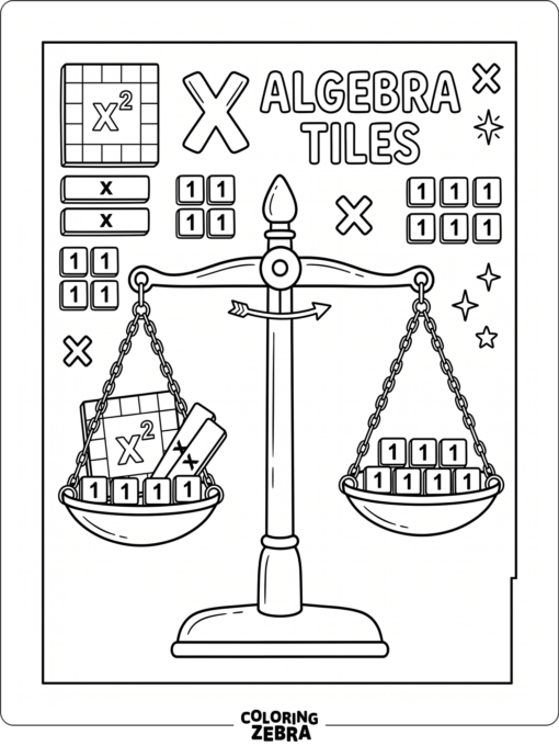 Fichas y símbolos algebraicos dispuestos en una hoja de ejercicios