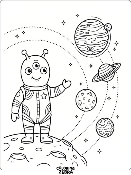 An alien standing near several planets