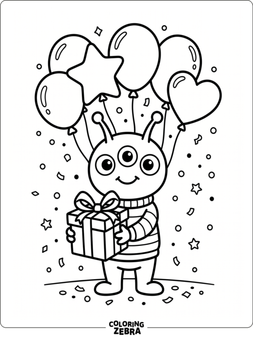 An alien holding a birthday gift and balloons