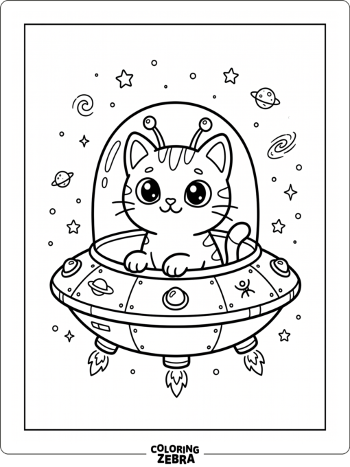 A cat-like alien sitting in a little flying saucer