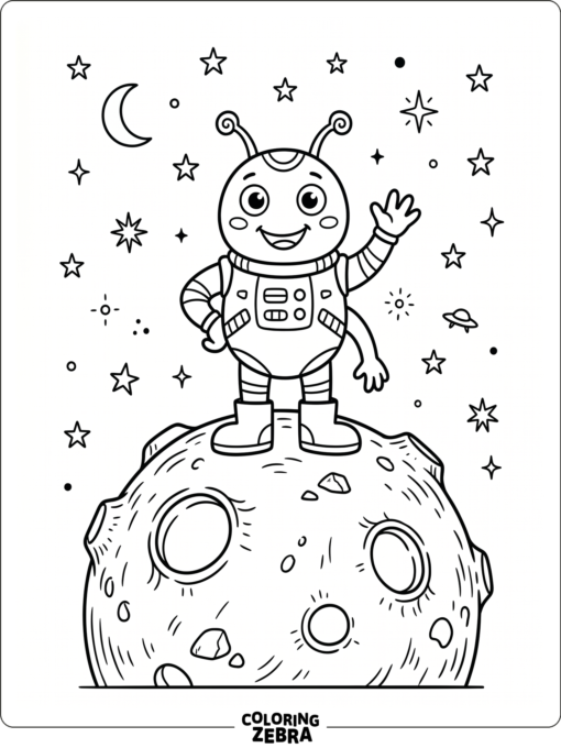 A simple alien with large eyes stands on a tiny moon under stars