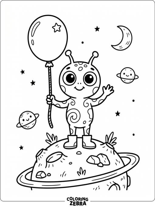 A cheerful alien holding a balloon on a planet
