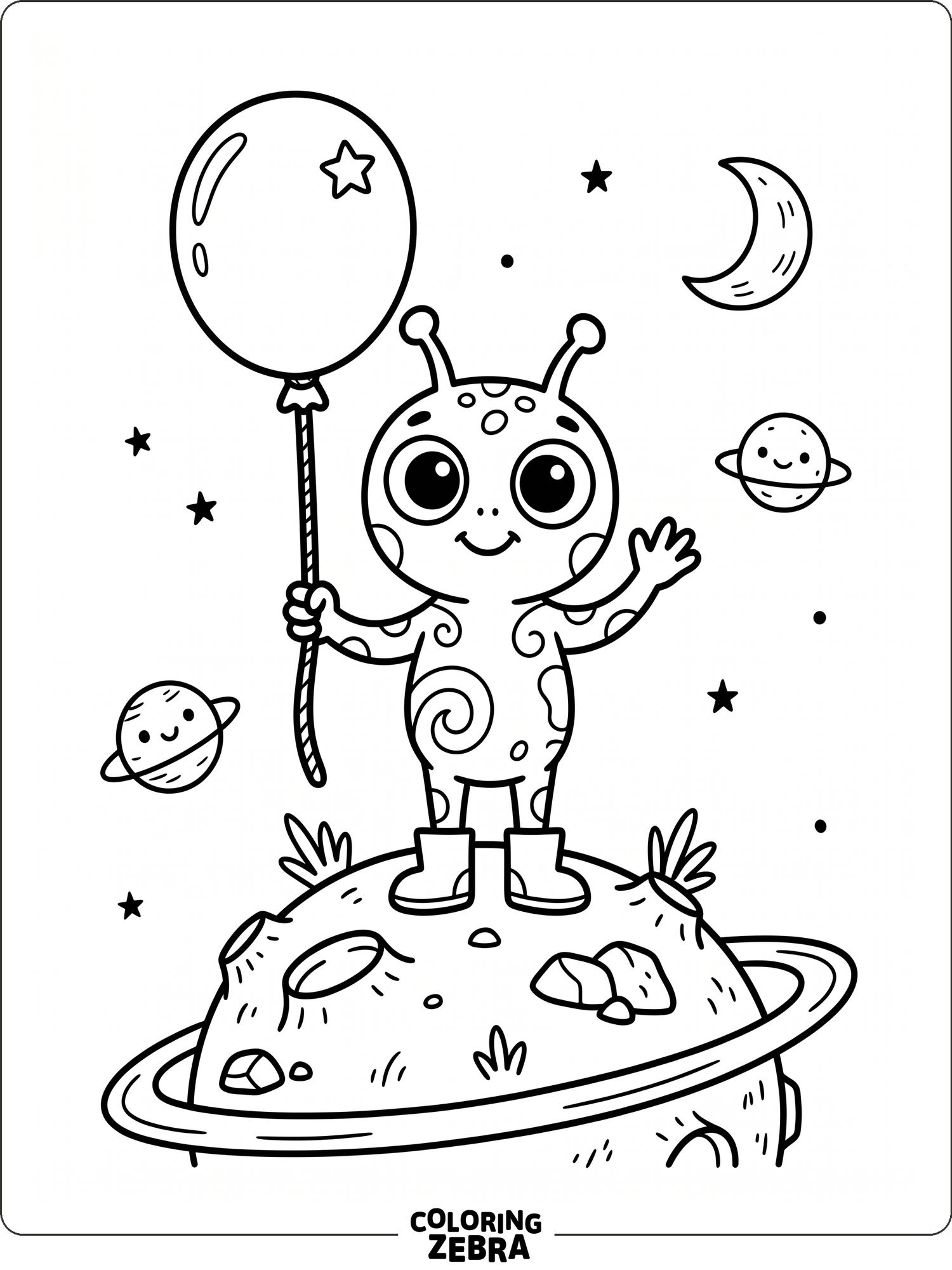 A cheerful alien holding a balloon on a planet