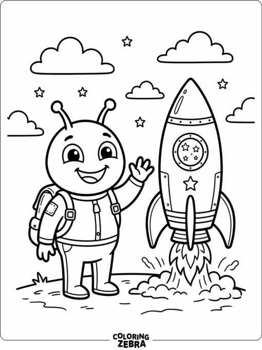 A smiling alien with a backpack and rocket