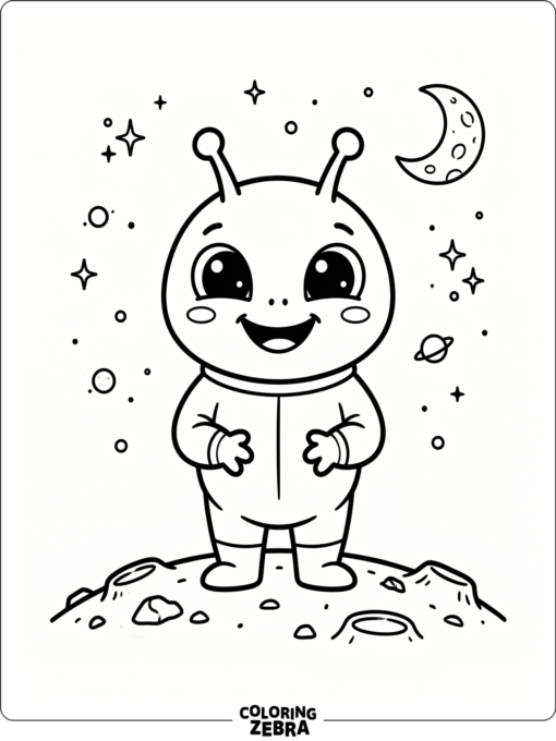 A smiling alien with big eyes and a moon